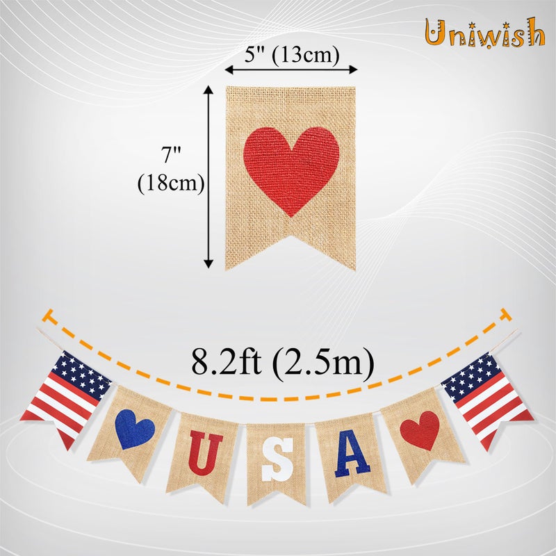 Uniwish USA Banner Burlap Bunting 4th of July Decorations American Independence Day Celebration Red White and Blue Theme Party Supplies - Image 3
